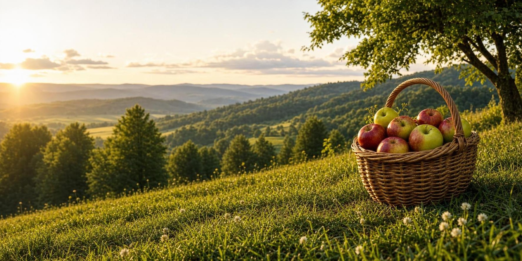 Panier de pommes dans un paysage