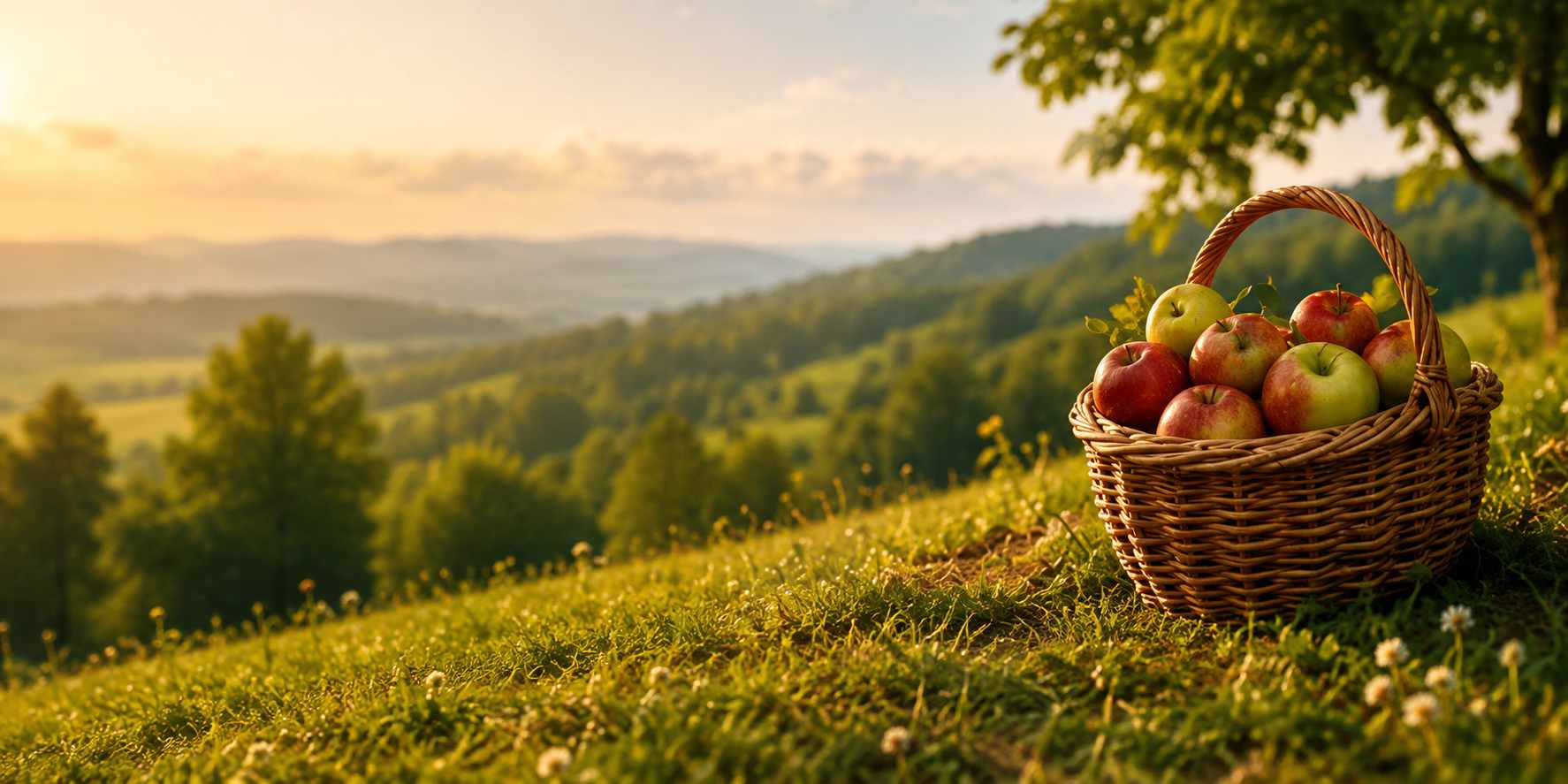 Panier de pommes dans un paysage
