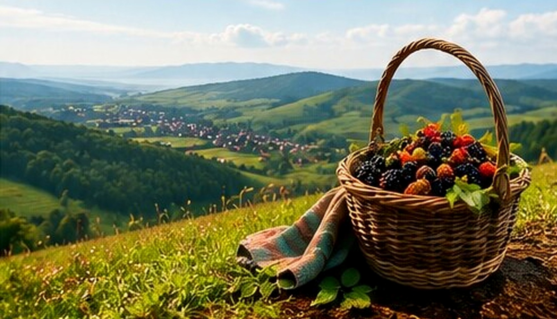 Paysage du Haut-Rhin et panier de fruits
